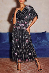 doreen Floral Embroidered Sequins Maxi Dress - black