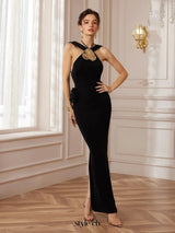 ashley Metal-Buckle Halter Slim-Fit Maxi Dress in black