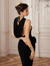 ashley Metal-Buckle Halter Slim-Fit Maxi Dress in black
