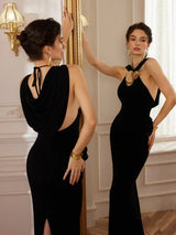 ashley Metal-Buckle Halter Slim-Fit Maxi Dress in black