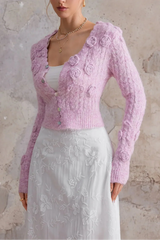 anna Pink 3d flower V-neck sweater