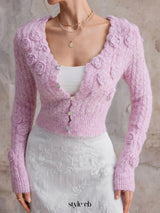 anna Pink 3d flower V-neck sweater