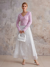 anna Pink 3d flower V-neck sweater