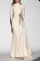 crystal flower Long-sleeve lace pleated maxi dress in apricot