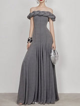 Padded Braided Off-Shoulder Maxi Dress in burgundy