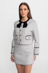 amy Grey Co-Ord Set with Velvet Bow Collar Detail