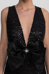 Sequin Maxi Dress With Satin Bow Detail - Black