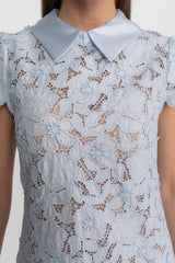sylvia Light Blue Floral Lace hollow Mini Dress with Satin Collar