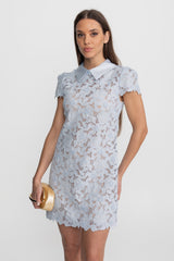 sylvia Light Blue Floral Lace hollow Mini Dress with Satin Collar