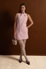 laurel Pink flower Sleeveless Tweed Mini Dress With Pearl Trim