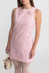 laurel Pink flower Sleeveless Tweed Mini Dress With Pearl Trim