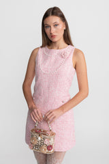 laurel Pink flower Sleeveless Tweed Mini Dress With Pearl Trim