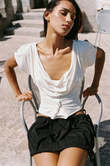 riva white Irregular ruched stretch short-sleeve top