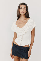 riva white Irregular ruched stretch short-sleeve top