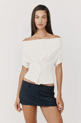 riva white Irregular ruched stretch short-sleeve top