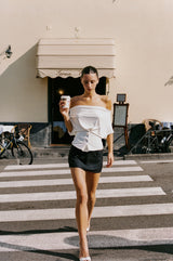 riva white Irregular ruched stretch short-sleeve top