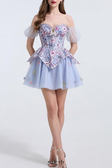 kelly floral print embroidery tulle puffy mini dress