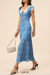 lyuba floral printed Lace-trimmed V-neck maxi dress in blue