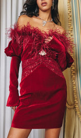 OFF SHOULDER OSTRICH FUR DECORATIVE SLIM-FIT MINI DRESS IN RED styleofcb
