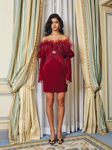 OFF SHOULDER OSTRICH FUR DECORATIVE SLIM-FIT MINI DRESS IN RED styleofcb