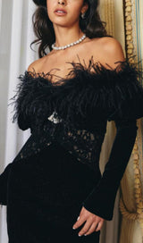 OFF SHOULDER OSTRICH FUR DECORATIVE SLIM-FIT MINI DRESS IN BLACK styleofcb