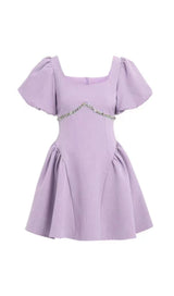 PUFF SLEEVES WAIST-TIGHTENING MINI DRESS IN LILAC DRESS styleofcb
