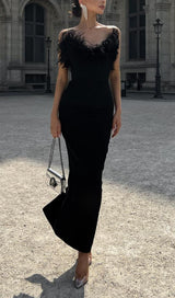 FEATHER BODYCON MAXI DRESS IN BLACK Dresses styleofcb