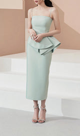 RUFFLE HIP WRAP MIDI DRESS IN MINT GREEN DRESS STYLE OF CB