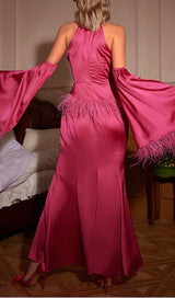 HALTERNECK FEATHER SATIN DRESS IN PINK