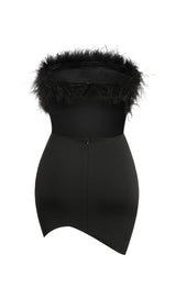 BLACK STRAPLESS FEATHER BODYCON MINI DRESS styleofcb