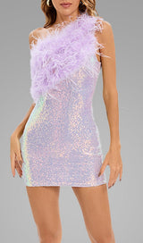 PURPLE ONE SHOULDER SEQUIN FEATHER MINI DRESS Dresses styleofcb
