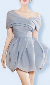 ONE SHOULDER RUCHED MINI DRESS IN GRAYISH-BLUE DRESS STYLE OF CB