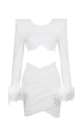 SHOULEDR PAD WAIST BARING FEATHER BLOUSE PLEATED DRESS IN WHITE styleofcb