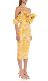 JACQUARD OFF SHOULDER MIDI DRESS IN YELLOW styleofcb