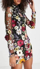 LONG SLEEVE MESH FLOWER MINI DRESS IN BLACK Dresses sis label