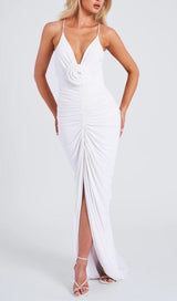 FLOWER-EMBELLISHED PLUNGE MAXI DRESS IN WHITE DRESS STYLE OF CB