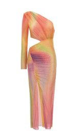 MESH RHINESTONE ONE SHOULDER MIDI DRESS IN COTTON CANDY DRESS STYLE OF CB