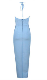 RUFFLE FLOWER-EMBELLISHED MIDI DRESS IN BLUE DRESS STYLE OF CB