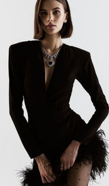 LONG SLEEVES FEATHER MINI DRESS IN BLACK styleofcb