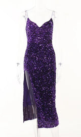 V-NECK SLIT BACKLESS SEQUIN MIDI DRESS IN PURPLE styleofcb