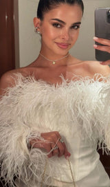 FEATHER CORSET MINI DRESS IN WHITE styleofcb