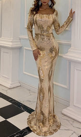 LONG SLEEVES WITH PRINT MAXI DRESS IN GOLD styleofcb