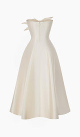 BEIGE FLARED SEMI-HEART NECK TAFFETA MIDI DRESS