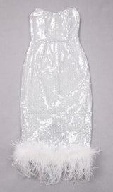 SEQUIN FEATHER MIDI DRESS IN WHITE styleofcb