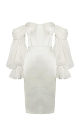 LYDIA PEARL WHITE SATIN OFF SHOULDER PUFF SLEEVE DRESS Dresses styleofcb