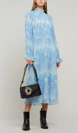 FLORAL PRINT PLEATED MIDI DRESS IN BLUE DRESS styleofcbdress