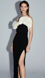 RUFFLED DETAILING SLIT MIDI DRESS IN BLACK DRESS styleofcb