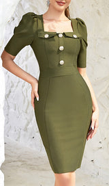 SQUARE COLLAR BUTTON MIDI DRESS IN OLIVE GREEN DRESS sis label