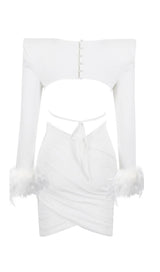 SHOULEDR PAD WAIST BARING FEATHER BLOUSE PLEATED DRESS IN WHITE styleofcb