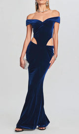 OFF SHOULDER WAIST HOLLOW VELVET MAXI DRESS IN BLUE styleofcb